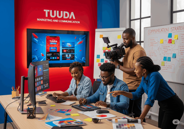 Illustration TUUDA Marketing and Communication : une équipe au travail dans un studio de communication