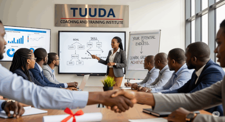 Illustration TCTI : une formatrice anime une séance dans une salle aux couleurs de TUUDA Coaching and Training Institute