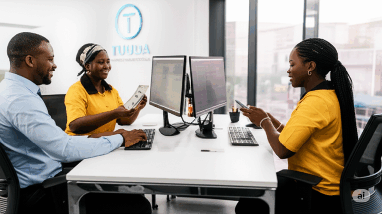 Illustration : des conseillers de TUUDA Finance Internationale reçoivent des clients