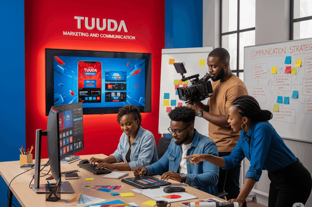 Illustration : équipe au travail dans un studio aux couleurs de TUUDA