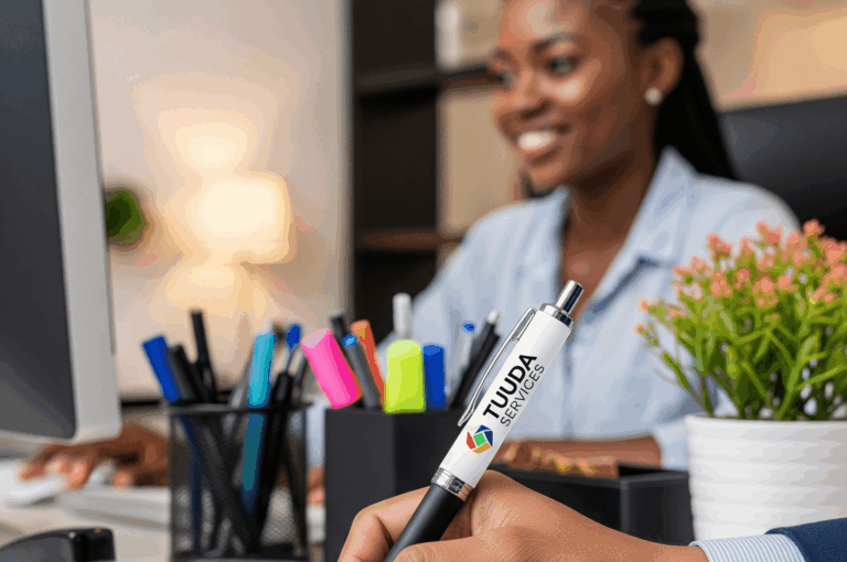Illustration TUUDA Services : une collaboratrice à son bureau, un stylo TUUDA Services en main