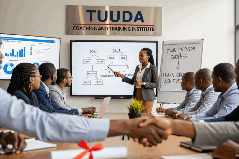 Illustration TCTI : une formatrice anime une séance dans une salle aux couleurs de TUUDA Coaching and Training Institute