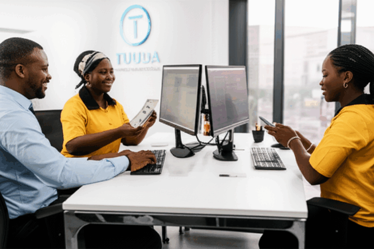 Illustration TUUDA Finance Internationale : des conseillers reçoivent des clients au guichet