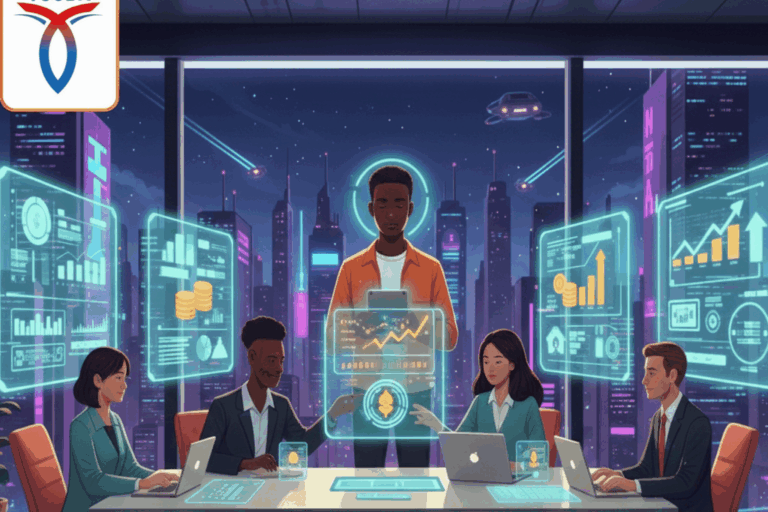Illustration : une équipe d'entrepreneurs autour de tableaux de bord numériques