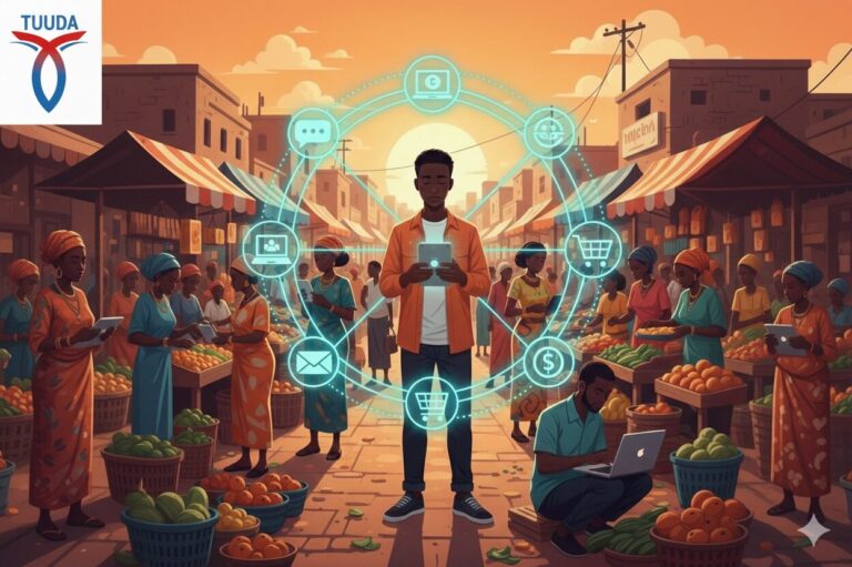 Illustration : un marché africain relié aux outils financiers numériques