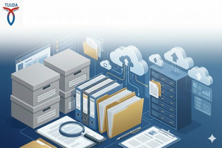 Illustration du module Gestion de secrétariat : classeurs, boîtes d'archives et dossiers numérisés