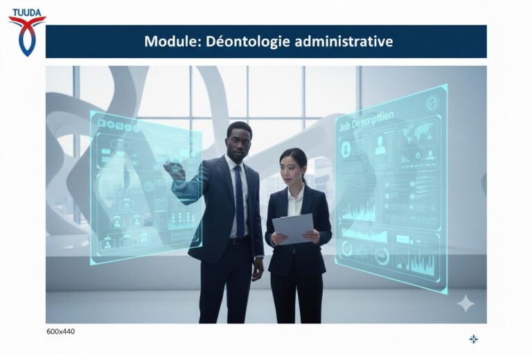 Illustration du module Déontologie administrative : deux collaborateurs échangent dans un bureau