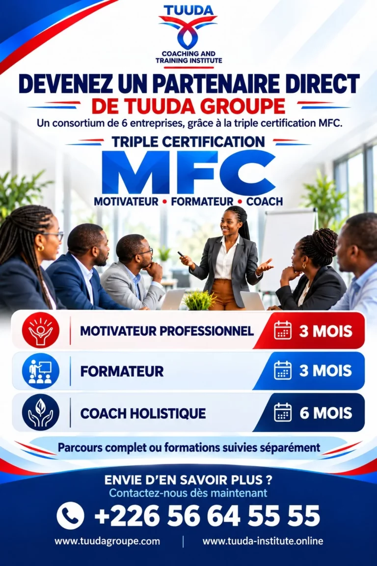 Affiche de la triple certification MFC de TUUDA Coaching and Training Institute : Motivateur Professionnel, 3 mois ; Formateur, 3 mois ; Coach Holistique, 6 mois ; parcours complet ou formations suivies séparément ; WhatsApp +226 56 64 55 55