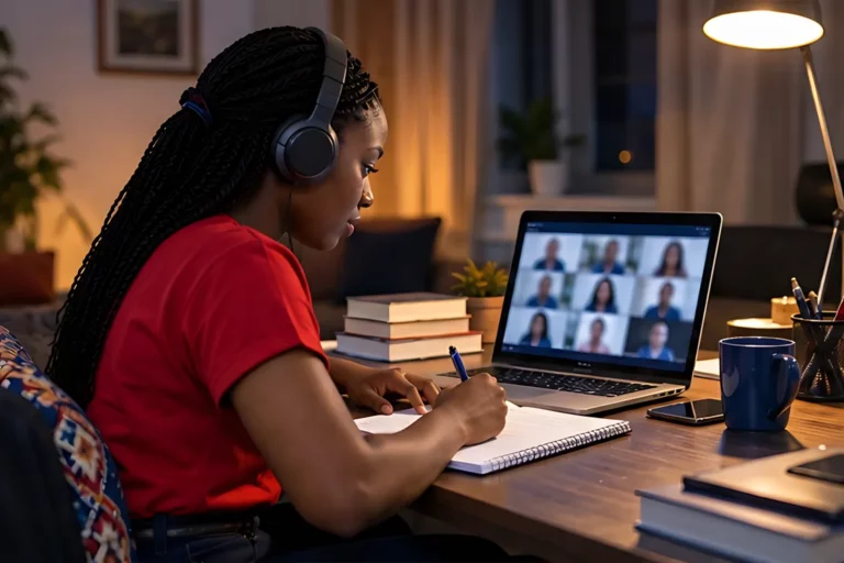 Illustration : une apprenante suit une session en direct sur son ordinateur, casque sur les oreilles