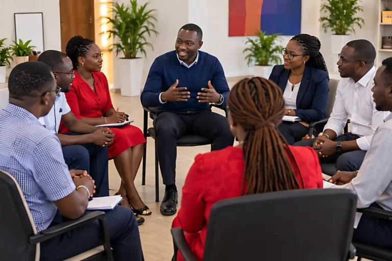 Illustration : un facilitateur anime une séance de coaching d’équipe en cercle