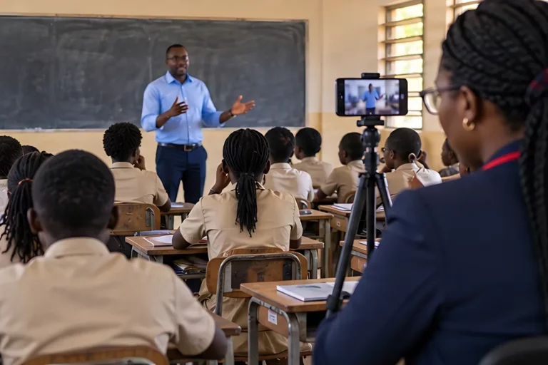 Illustration : un apprenant anime une séance devant une classe de lycée, filmé par une superviseure