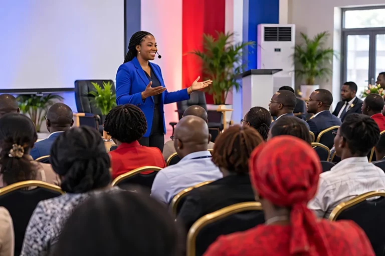 Illustration : une motivatrice professionnelle donne une conférence devant une salle d’adultes attentifs