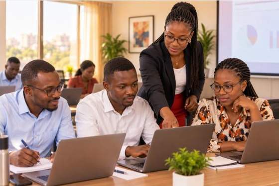 Atelier pratique : une formatrice accompagne trois apprenants devant leurs ordinateurs portables
