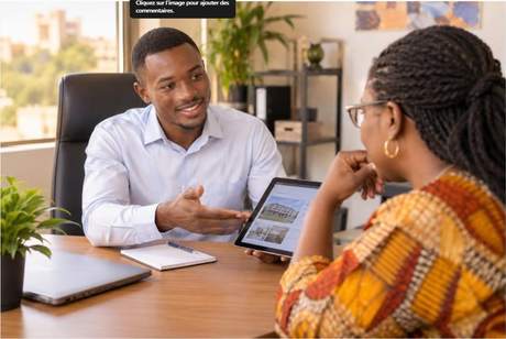 Un agent commercial présente une proposition à une cliente dans un bureau à Ouagadougou