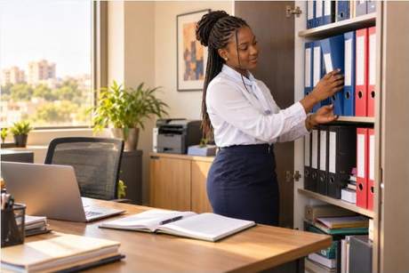 Une secrétaire classe des dossiers dans un bureau administratif