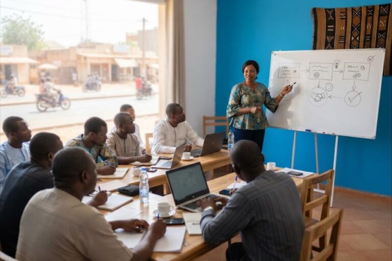 Illustration : une formatrice présente au tableau un plan en quatre étapes à un groupe d'adultes en formation