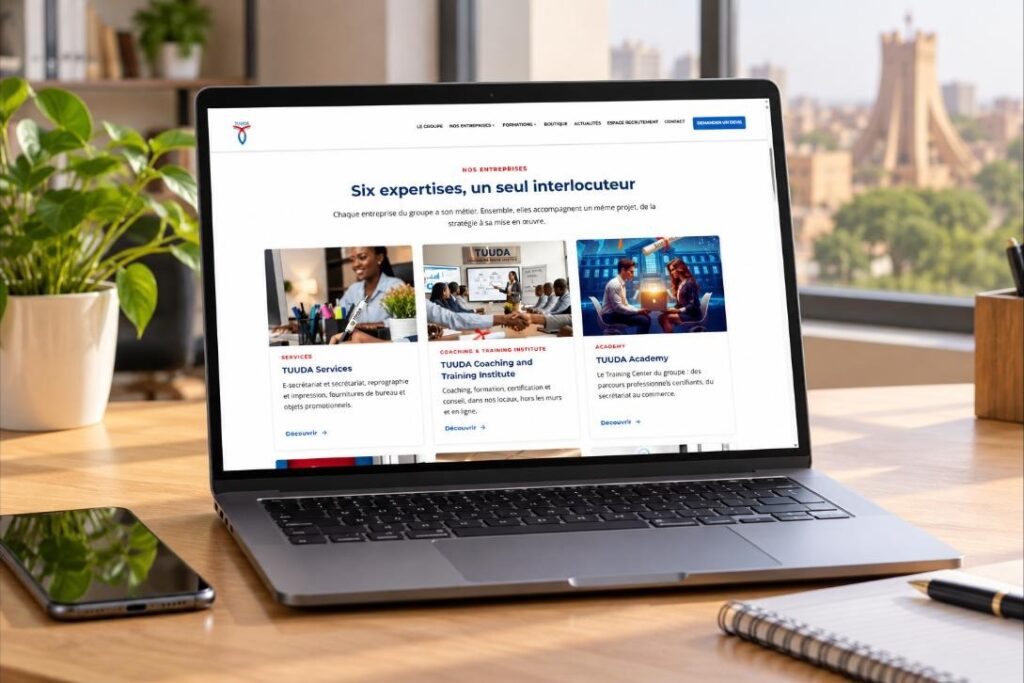 Illustration : le nouveau site de TUUDA GROUPE affiché sur un ordinateur portable posé sur un bureau