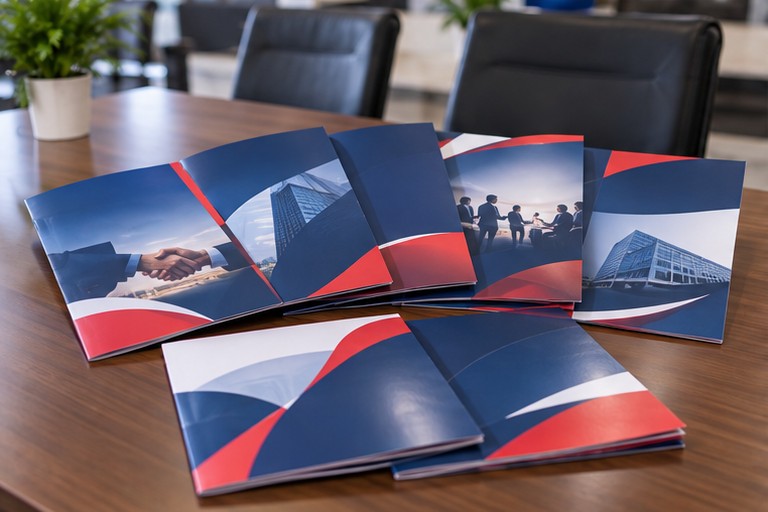 Illustration : plaquettes et brochures institutionnelles imprimées sur une table de réunion