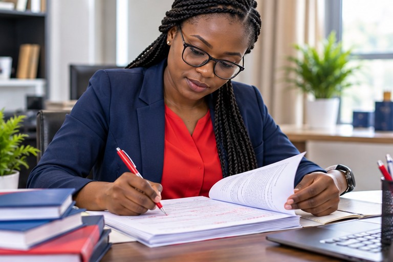 Illustration : une assistante relit et corrige un document au stylo rouge