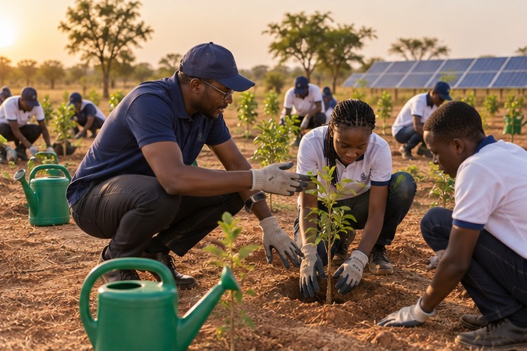 Illustration : un formateur et des jeunes plantent des arbres dans une zone sahélienne