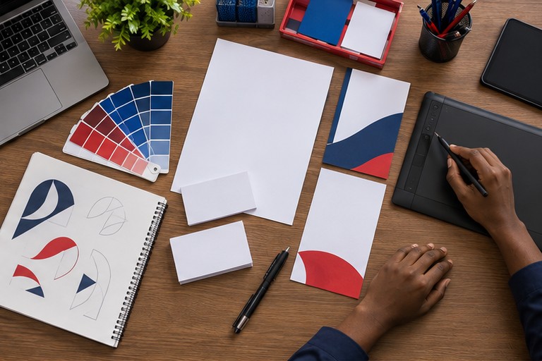 Illustration : table de graphiste avec nuancier bleu et rouge, papeterie et croquis de logo