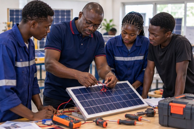 Illustration : un formateur montre à des jeunes comment câbler un panneau solaire en atelier