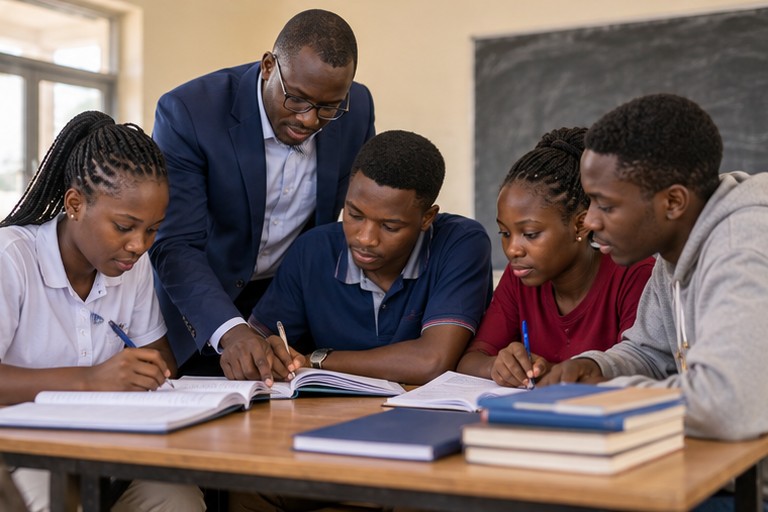 Illustration : un tuteur aide des élèves et des étudiants à réviser en salle de classe