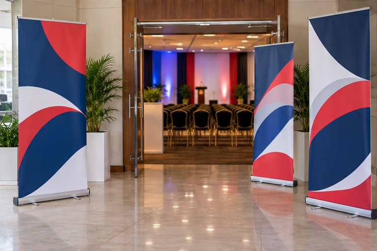 Illustration : roll-up et kakémonos à l'entrée d'une salle de conférence