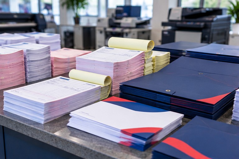 Illustration : carnets de factures et de reçus, enveloppes et chemises imprimés