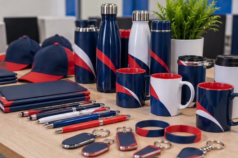 Illustration : stylos, mugs, gourdes et casquettes personnalisés aux couleurs bleu et rouge