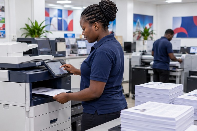 Illustration : une employée lance des copies sur un photocopieur professionnel