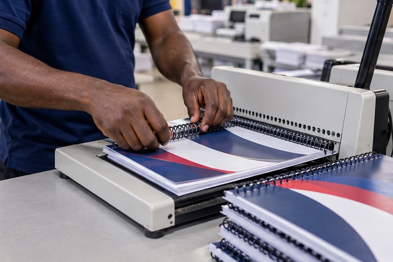 Illustration : un technicien relie un document avec une machine de reliure spirale