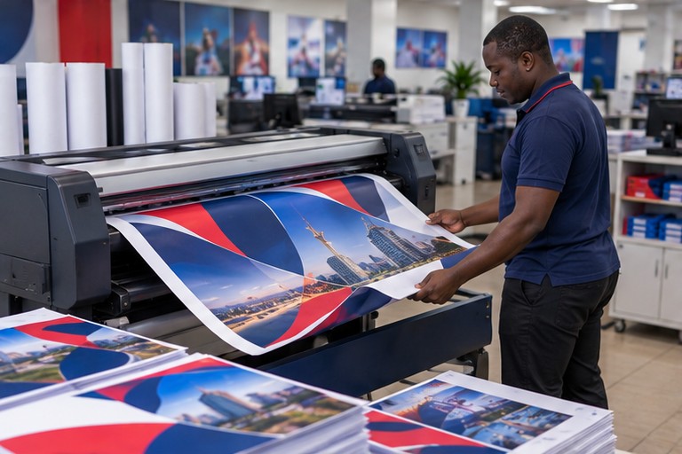 Illustration : affiches et flyers sortant d'une imprimante grand format