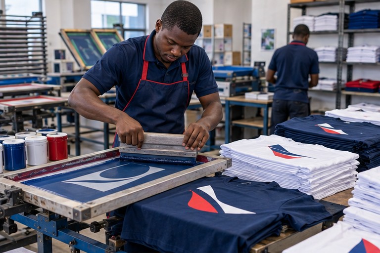 Illustration : impression de tee-shirts par sérigraphie dans un atelier