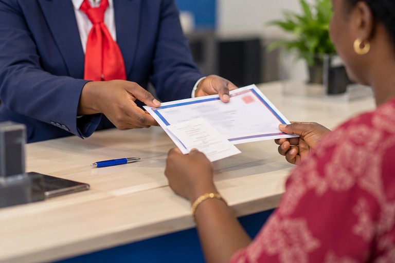 Illustration : une conseillère remet une attestation et un reçu à une cliente