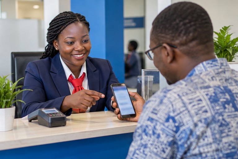 Illustration : au guichet de TUUDA Finance Internationale, une conseillère aide un client à faire un dépôt mobile money