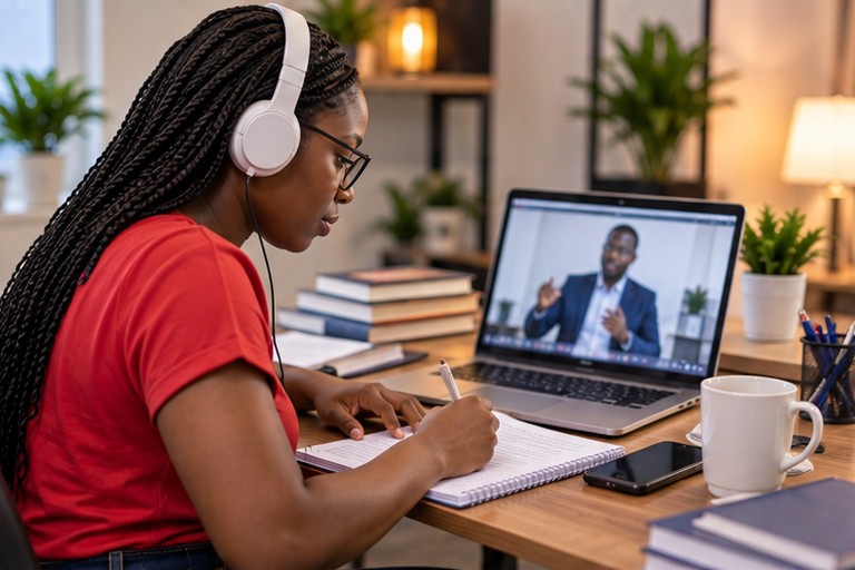 Illustration : une apprenante suit un module de cours en ligne et prend des notes