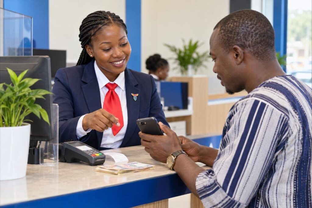 Illustration : au guichet de TUUDA Finance Internationale, une conseillère accompagne un client pour une opération de mobile money