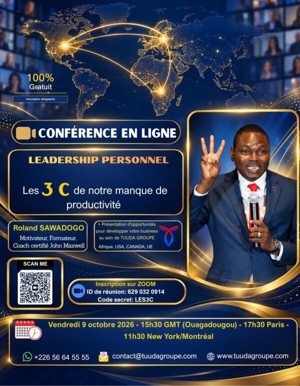 Affiche de la conférence en ligne « Les 3 C de notre manque de productivité » avec Coach Roland SAWADOGO, vendredi 9 octobre 2026